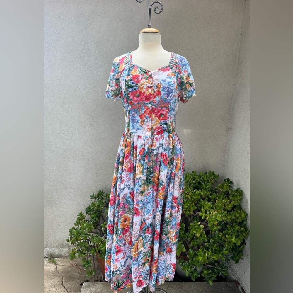 Vintage boho floral midi dress button front sz S Phool